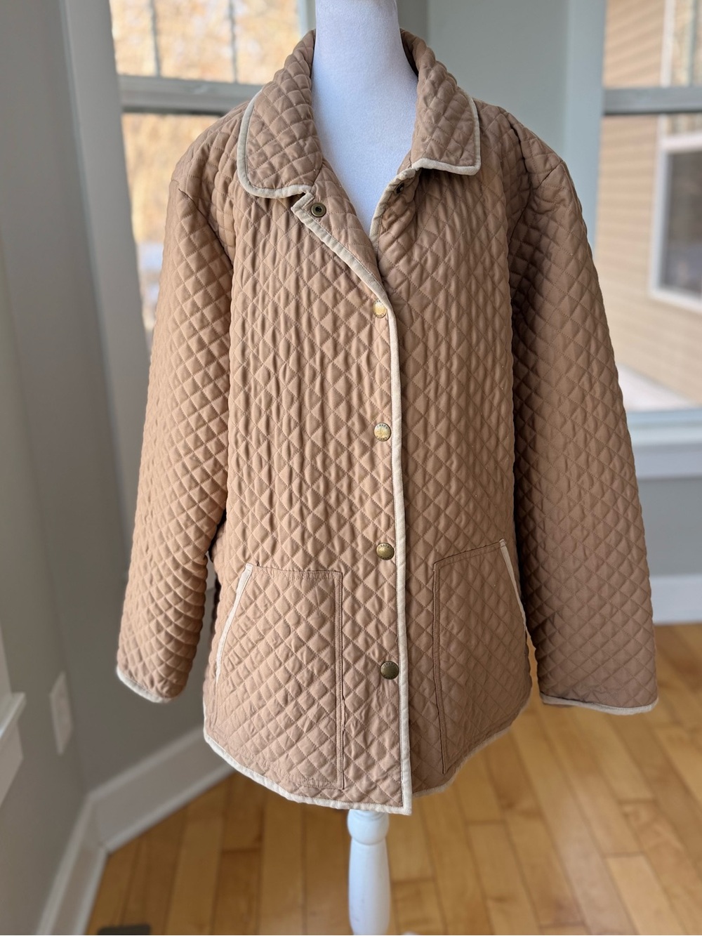 CHAPS Khaki Taupe Ivory Trim Quilted Lightweight Jacket Size Large